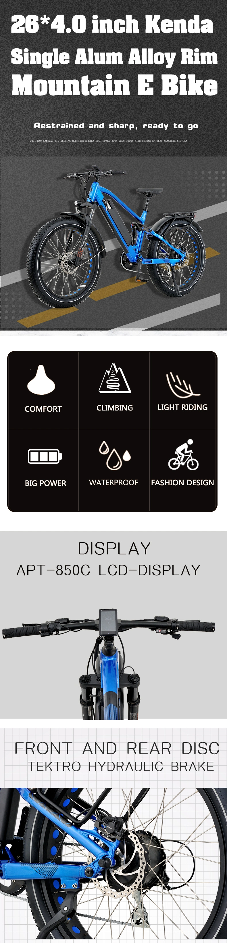 26inch, 27.5inch, 48V 500W, 750W/1000W Bafang Rear Brushless Motor Mountain Electric Bicycle